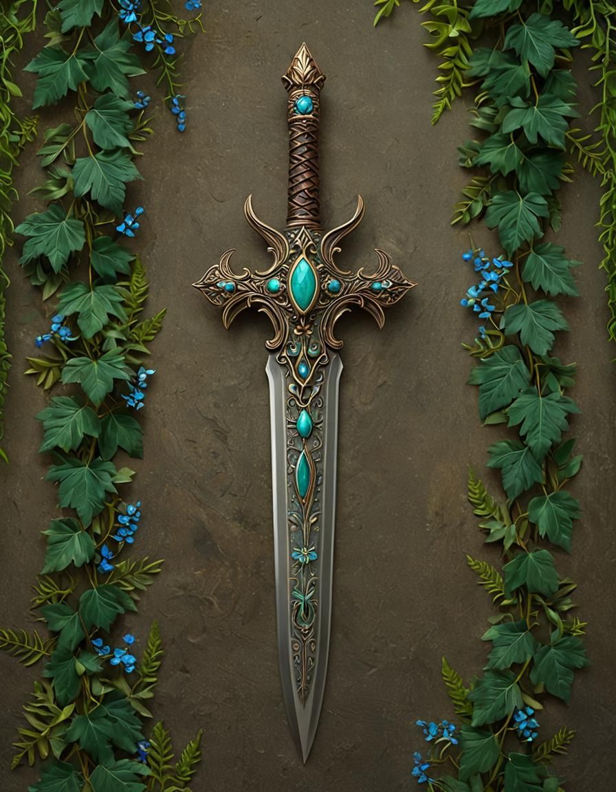 Ornate Elven Dagger with Gemstones and Ivy