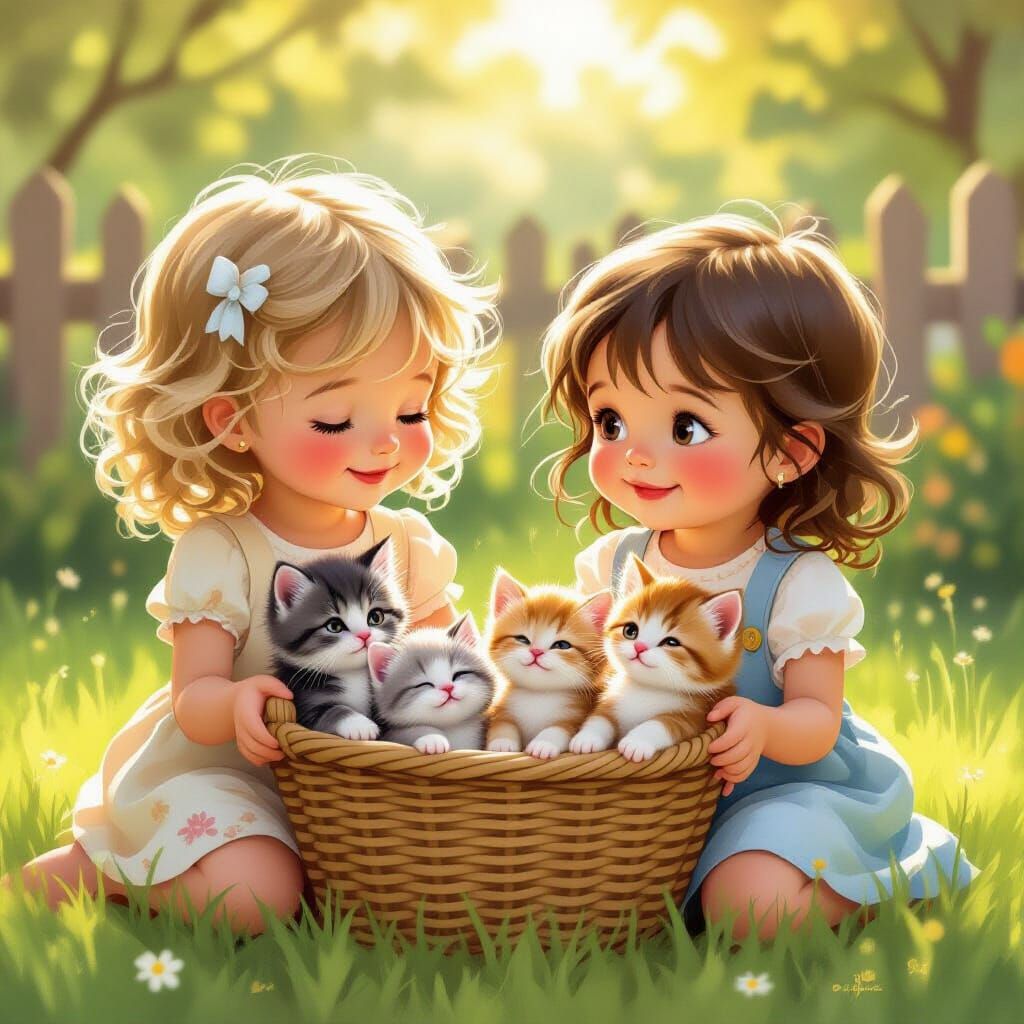 Girls Holding Kittens in Sunny Yard, Storybook Style