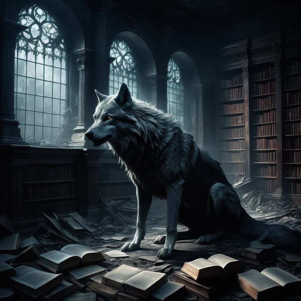 Spectral Wolf in Ruined Library, Dark Fantasy Art