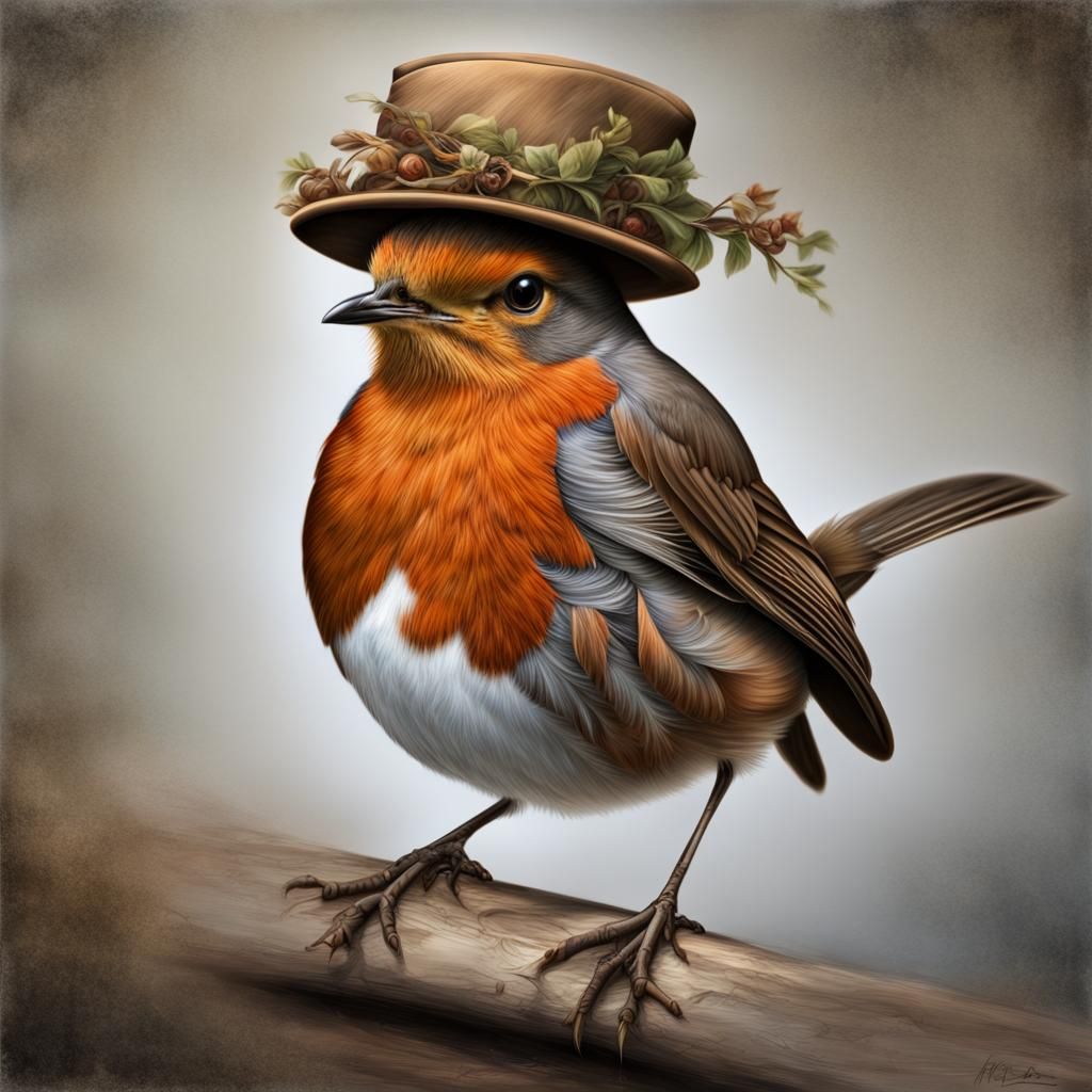 Robin with Wide Hat in Hyperrealistic Style