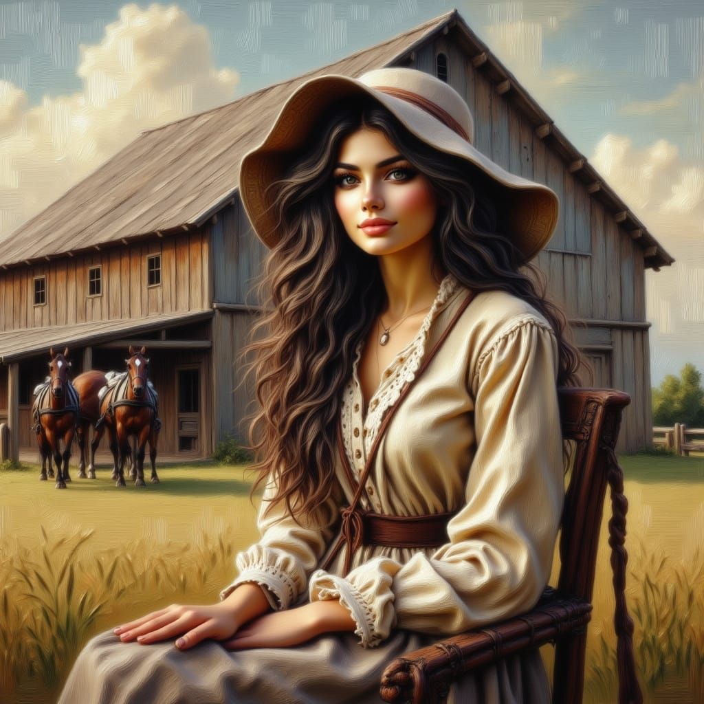 Amish Woman in Traditional Dress by Rustic Barn