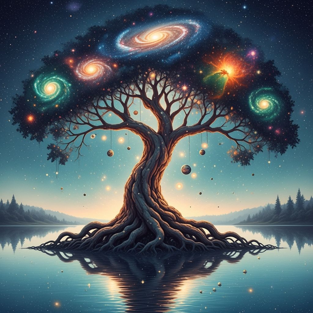 Cosmic Galaxy Tree in Surreal Landscape as Encaustic Paintin...
