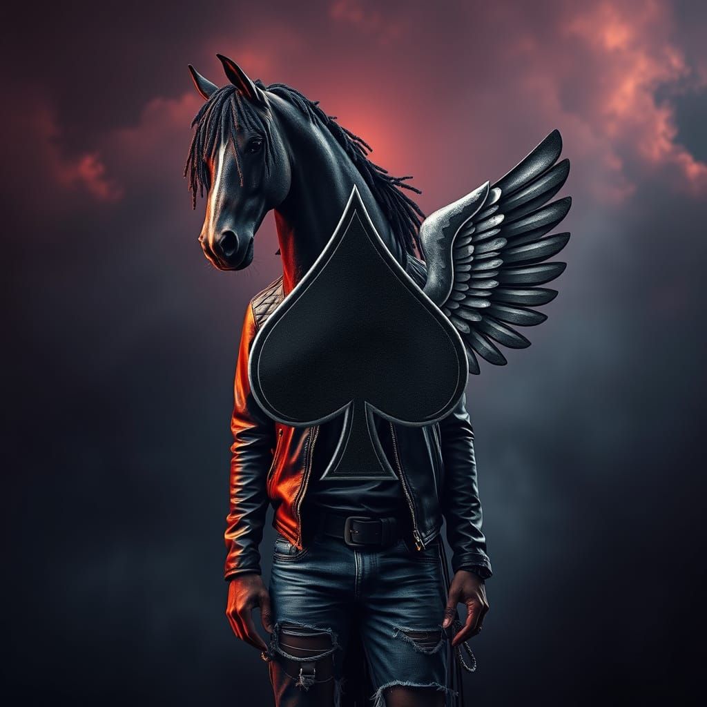 HALF MAN HALF HORSE BLACK MAN WITH DREADLOCKS AND AN ACOF SPADE LOGO WITH WINGS