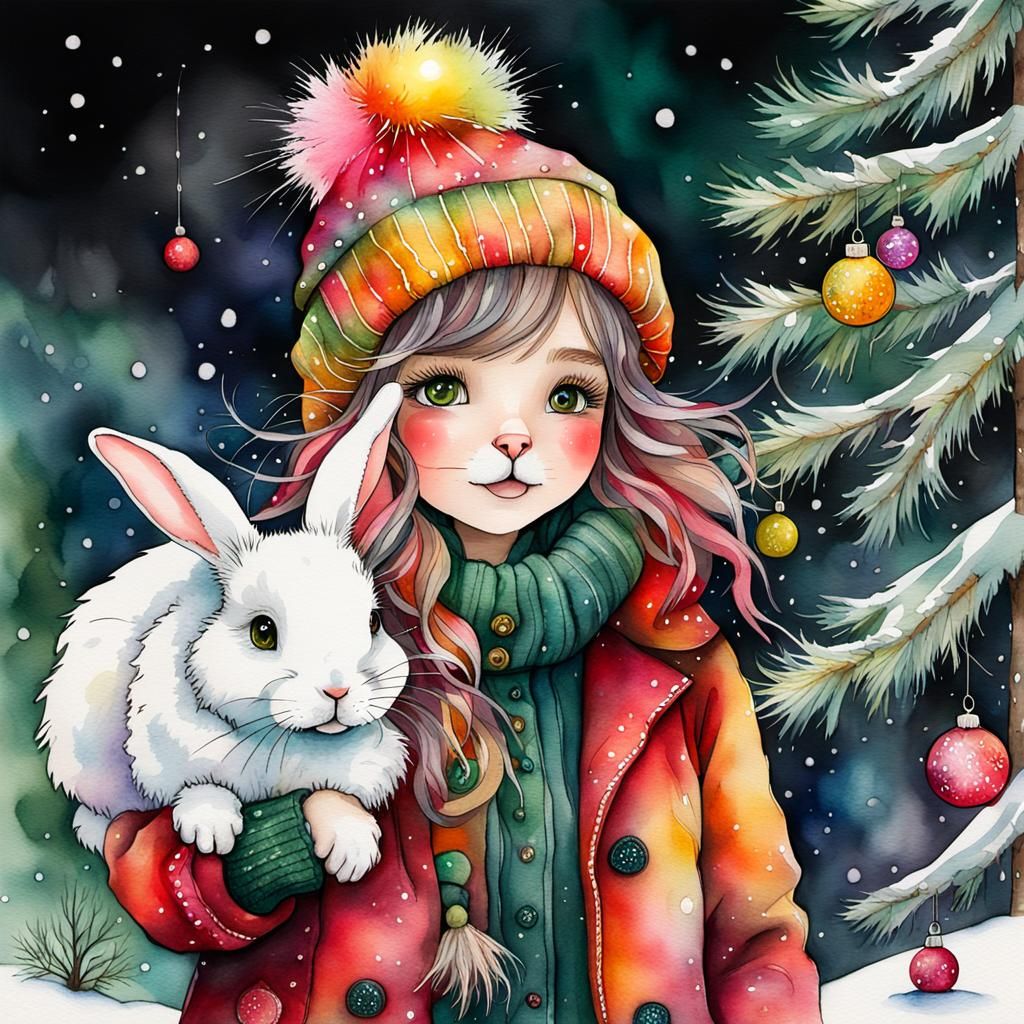 Whimsical Girl with Rabbit in Vibrant Watercolor