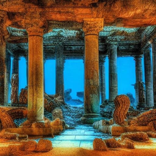 Gothic Aquarium in Ancient Grotto with Sunken Ruins