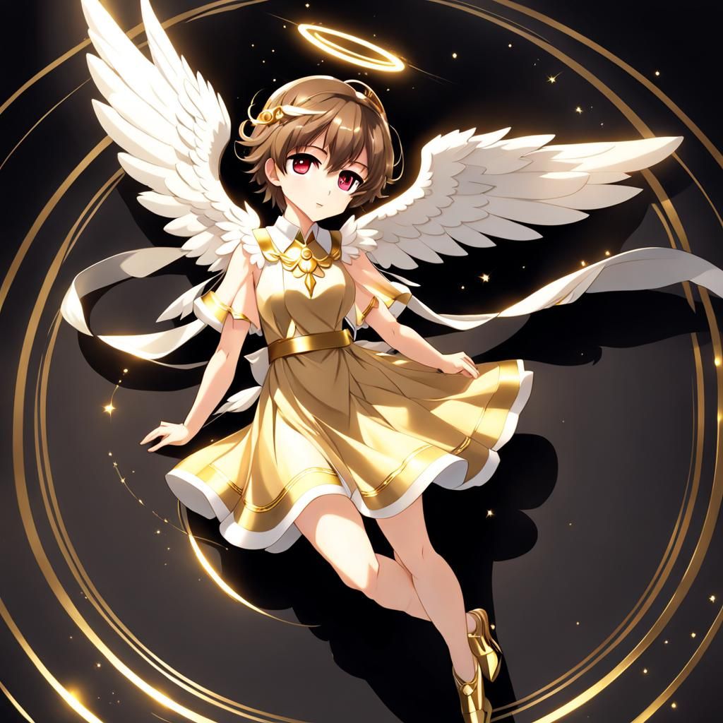 Anime Angel Boy with Golden Dress and Wings