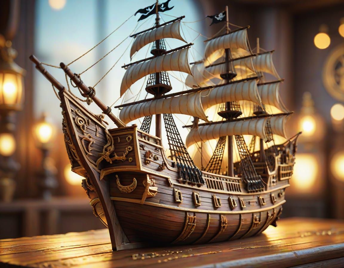 Intricately Carved Wooden Pirate Ship Sculpture