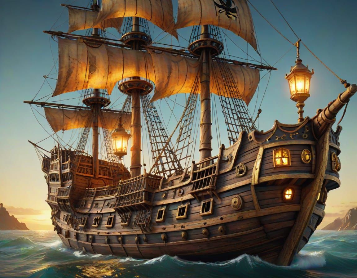 Detailed Pirate Ship Sculpture in Hyperrealistic Digital Art