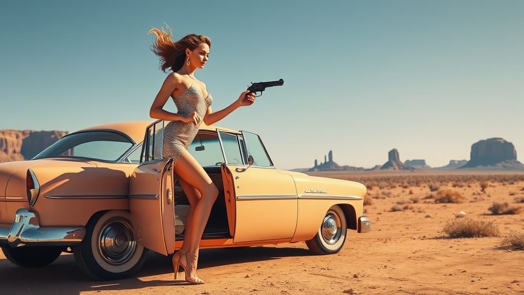 Glamorous Woman in Desert with Vintage Car, Cinematic Style
