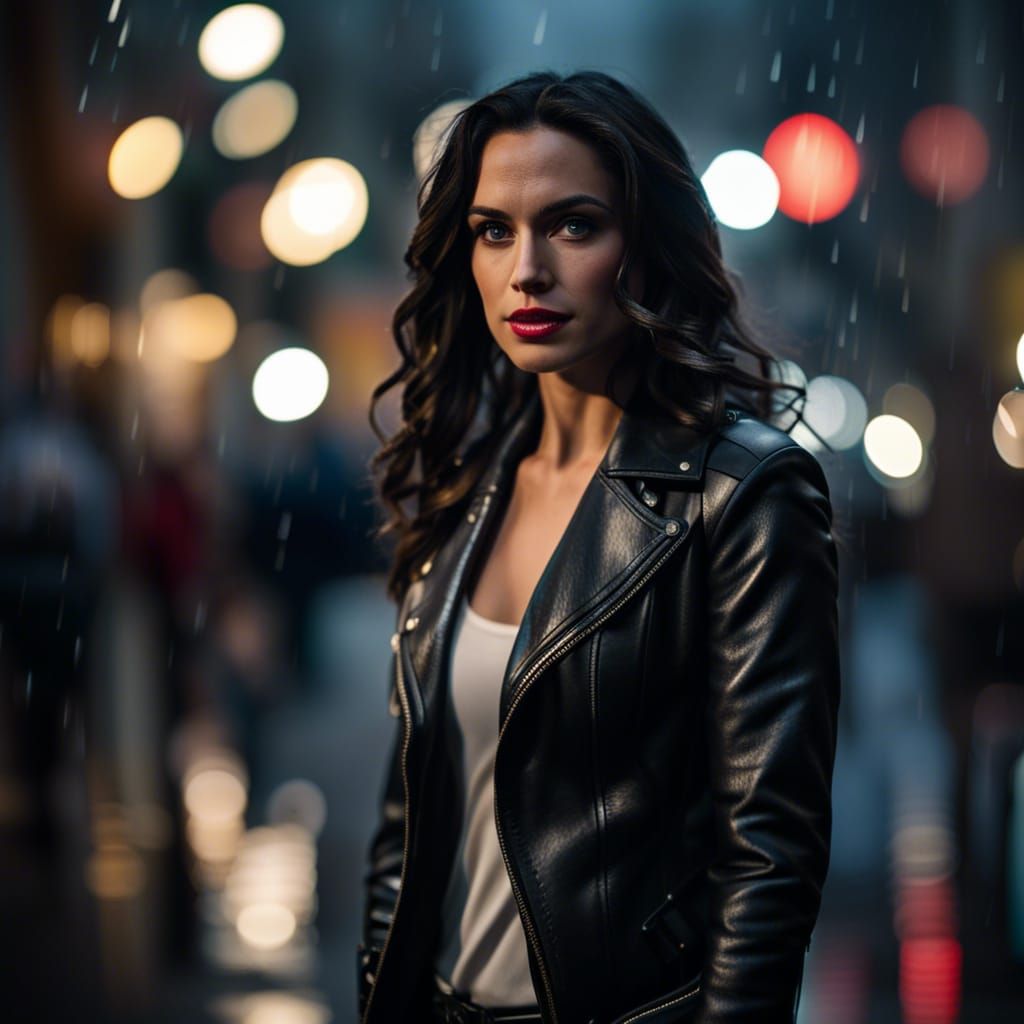 Wonder Woman in Leather Jacket on Rainy Street