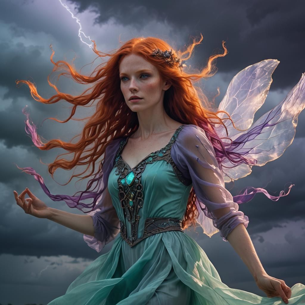 Ethereal Fairy Woman in Stormy Sky, Surreal Art