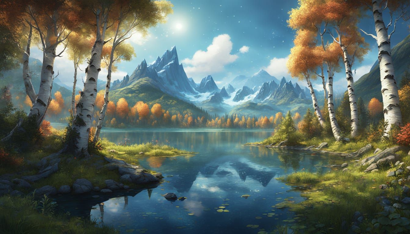 Fantasy Birch Forest Lake and Mountains Concept Art