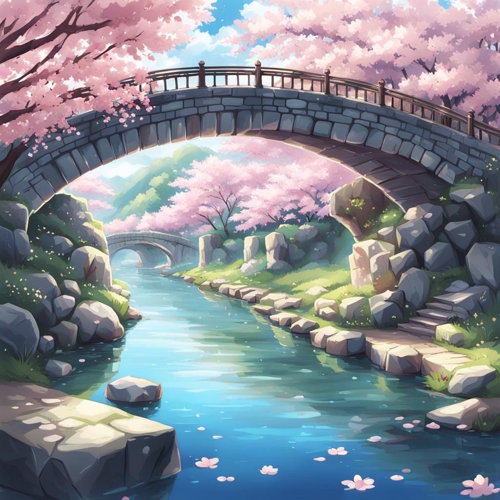 Cherry Blossoms by Stone Bridge: Anime Art