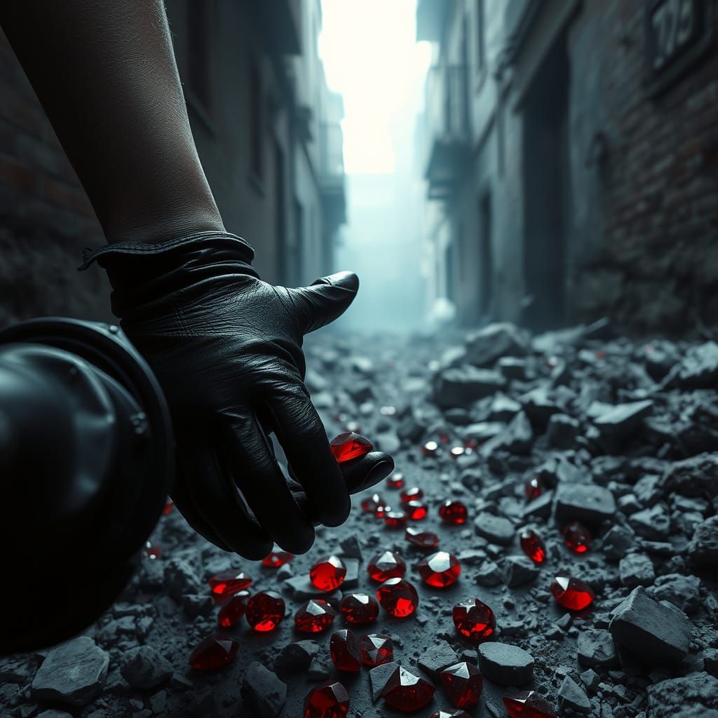 A Woman's Gloved Hand Uncovers Rubies in the Dark Alleyway