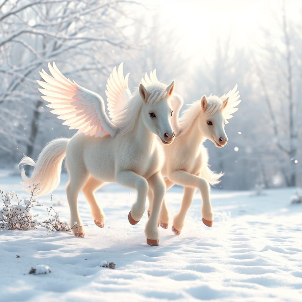 Winged Foals in Enchanted Snowscape