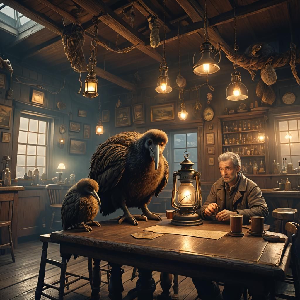 Kiwi and Dodo Chat in Dimly Lit Pub