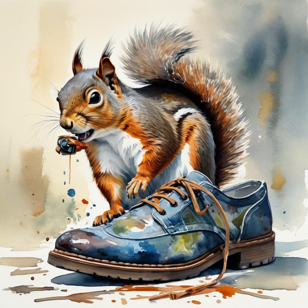 Squirrel in a Shoe: Gouache Painting Masterpiece