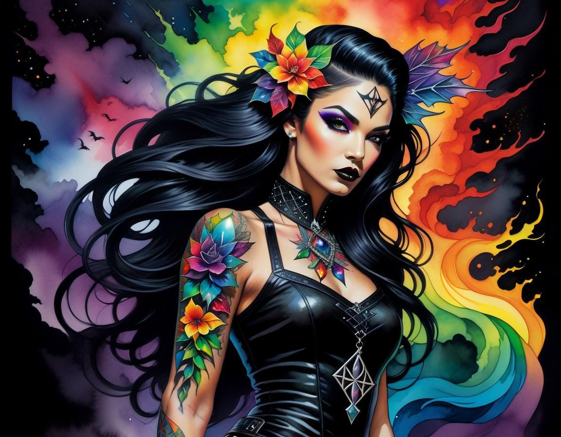 Gothic Pinup with Rainbow Crystals in Watercolor