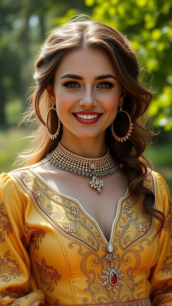 Woman in Golden Dress Smiling in Nature