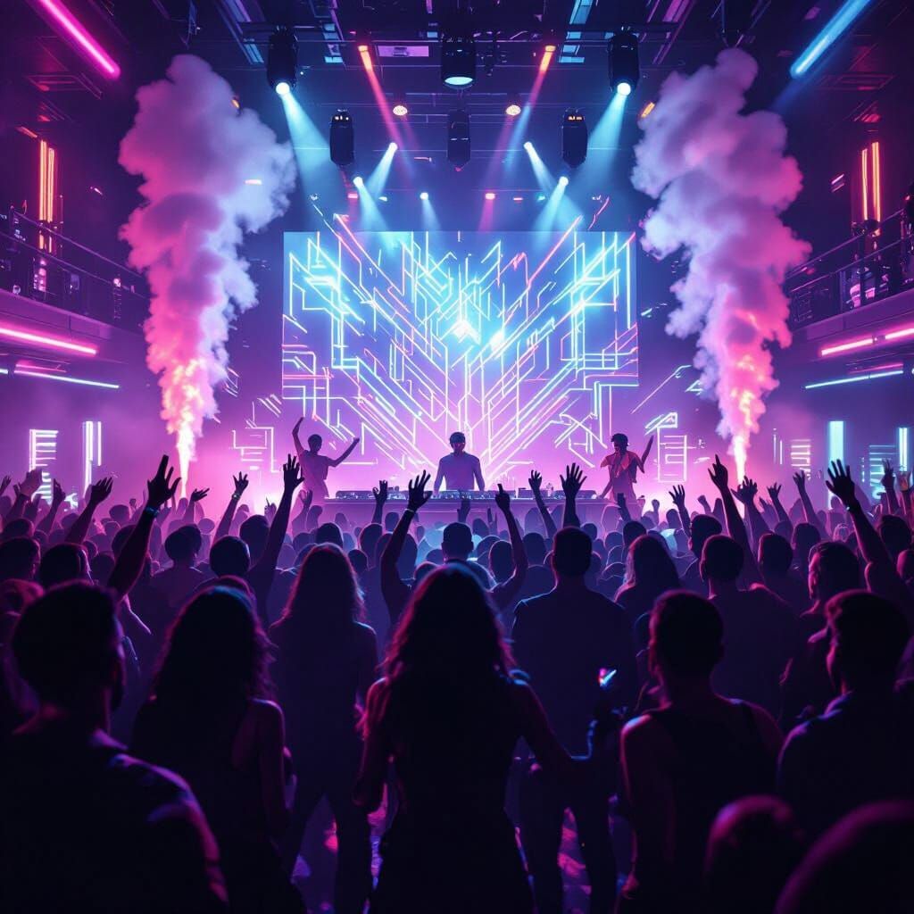 Neon Concert with Dancing Crowd in Cyberpunk Style