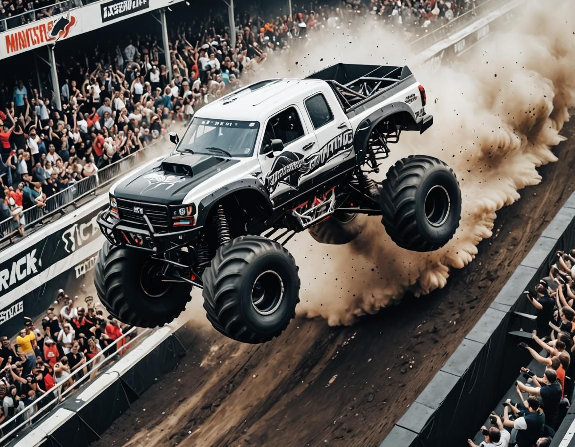 a black and white monster truck jumps over a high ramp and f...