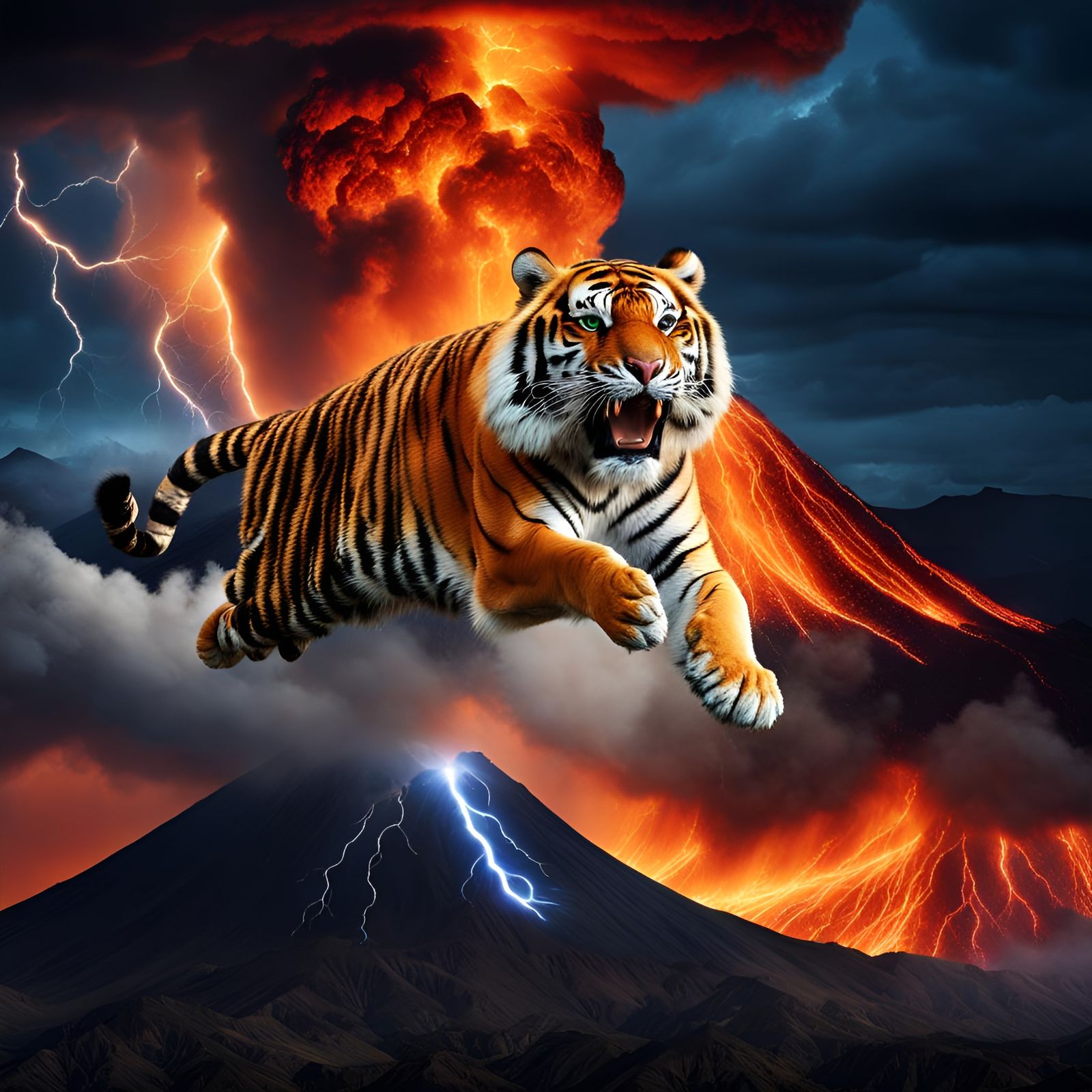Tiger Leaping From Erupting Volcano During Storm