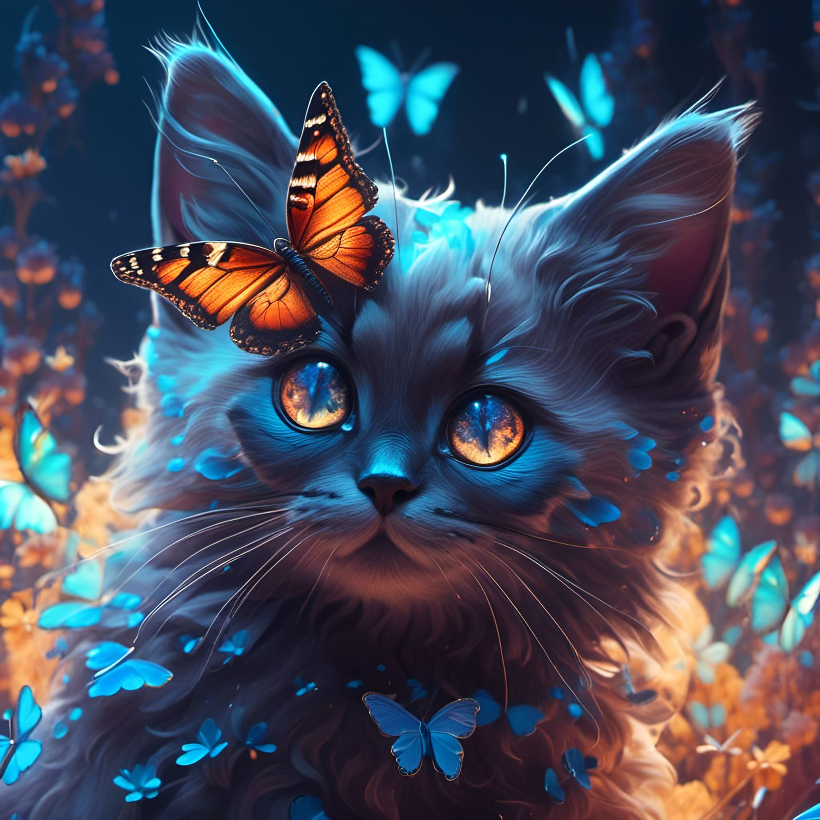 Siamese Kitten with Butterfly, Detailed Fantasy Art