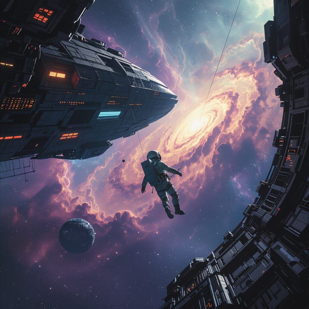 Astronaut Adrift Near Alien Ship in Cosmic Horror Style