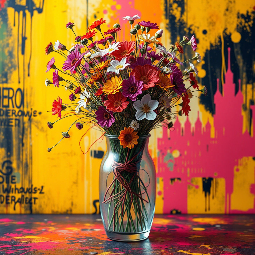 Neon Wildflowers in Glass Vase: Graffiti Art