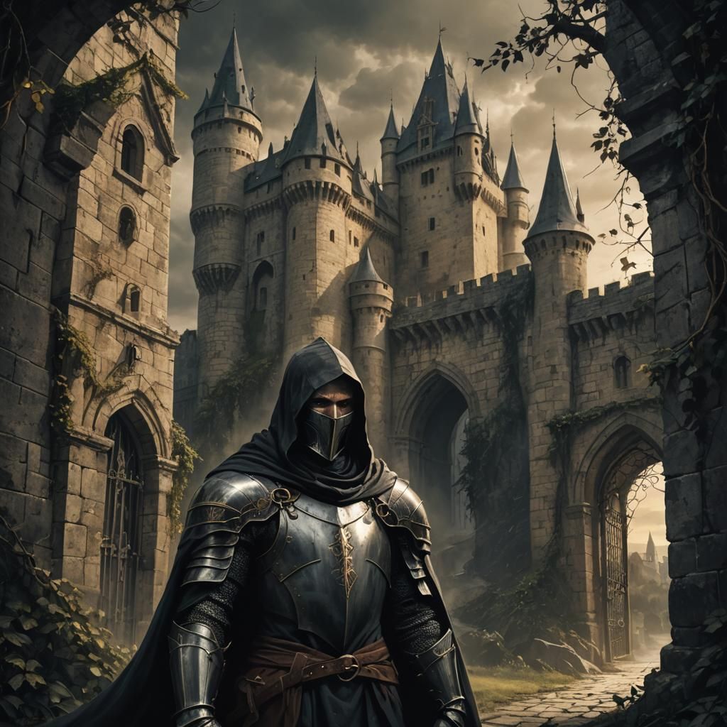 Grimdark Knight Stands Before Gothic Fortress