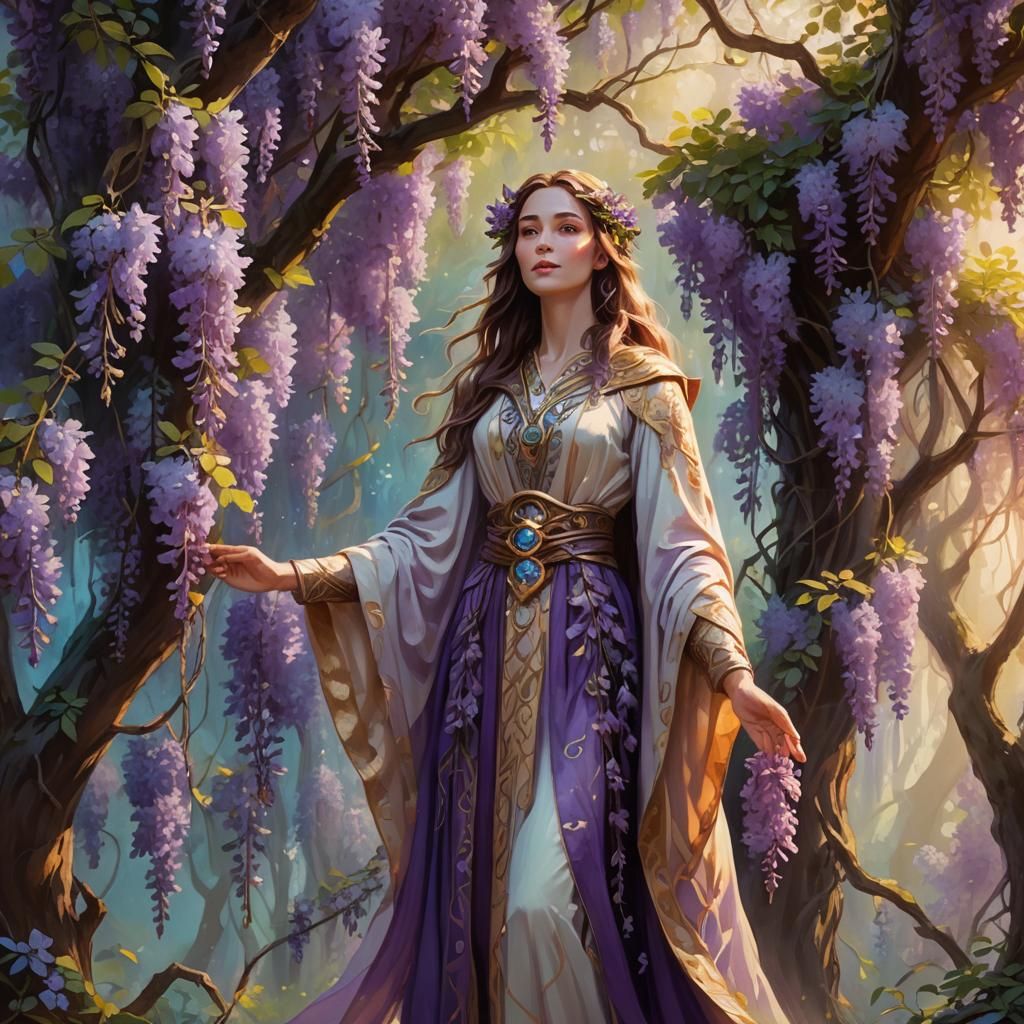 Wisteria Druid in Mystical Grove, Oil Painting