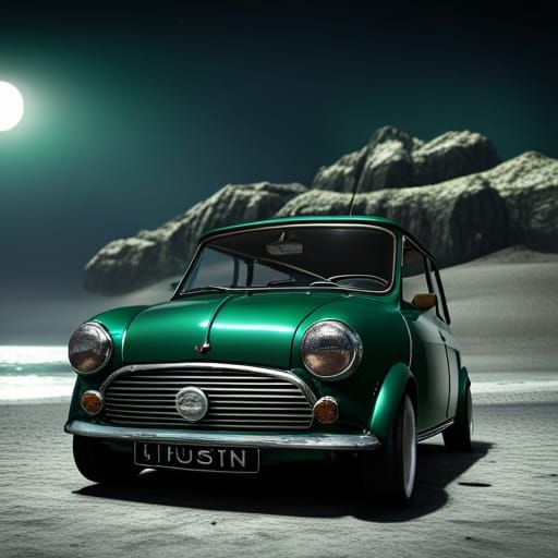 Classic Austin Mini on Beach in Detailed Matte Painting