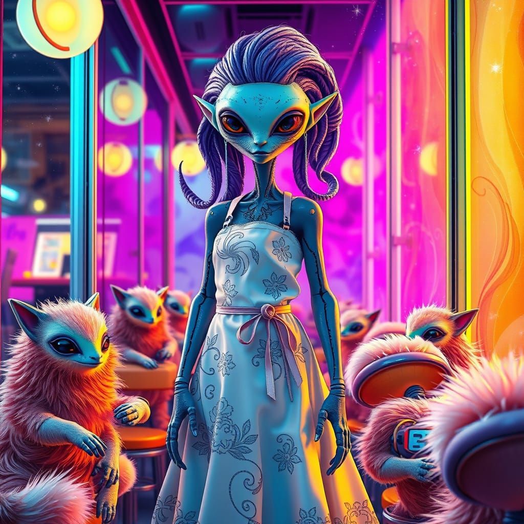 Whimsical Blue Alien in Retro-Futuristic Diner