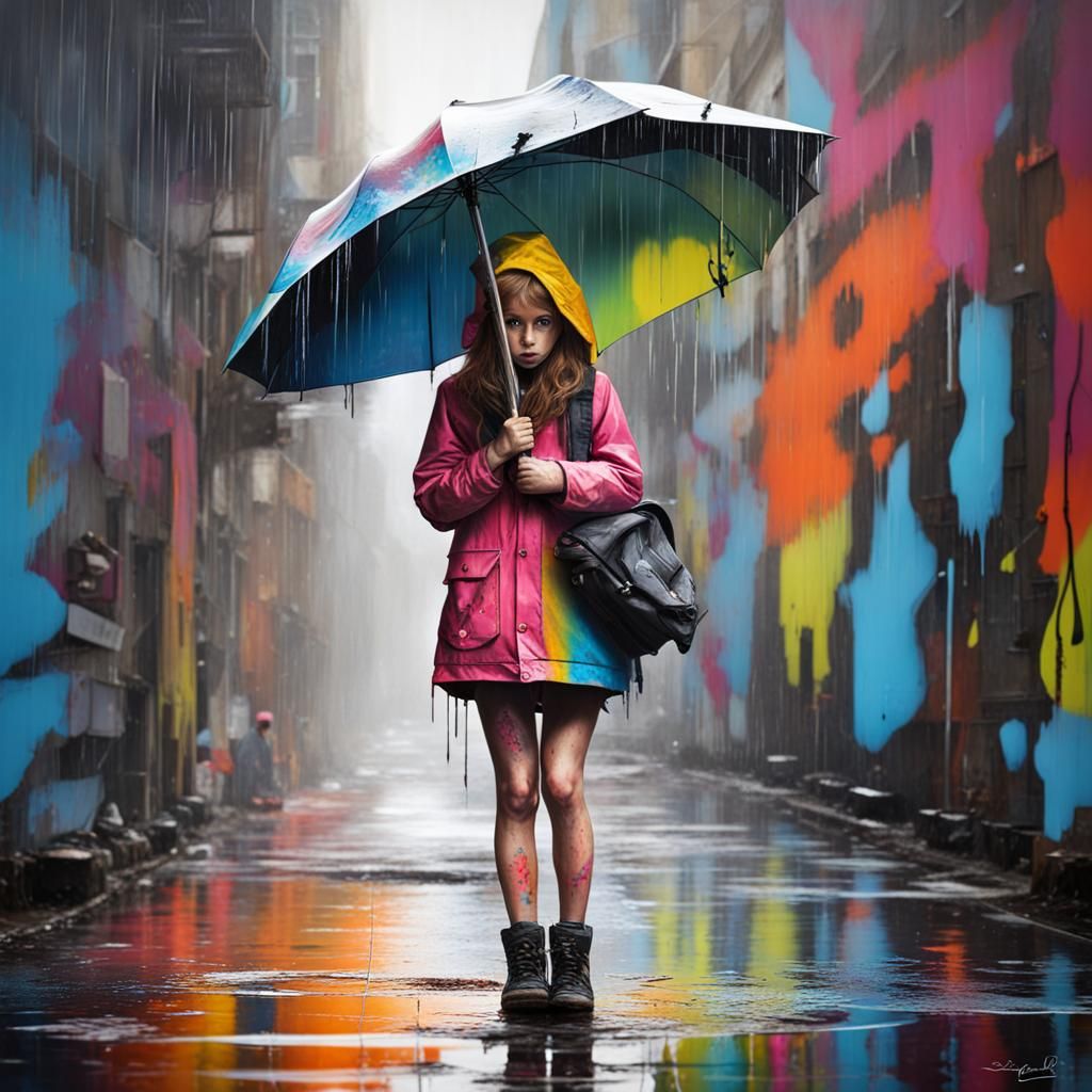 Girl with Umbrella in Upside-Down Rain: Graffiti Art