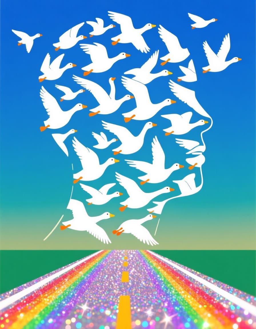 Face of Geese Artfully Formed with Rainbow Glitter