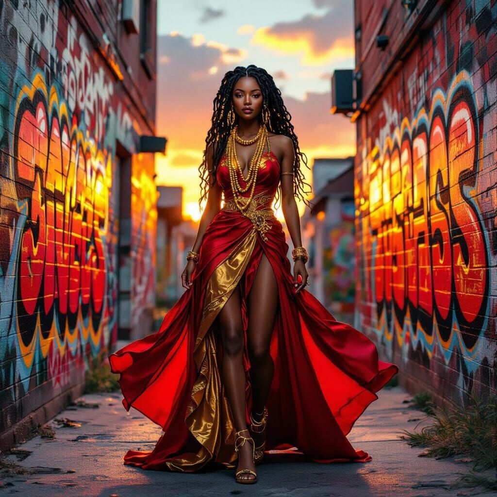 Confident Woman in Alleyway with Graffiti Art