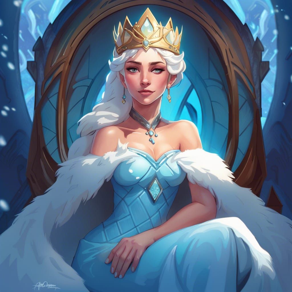 Icy Throne: Blizzard Goddess Portrait in Art Nouveau Style