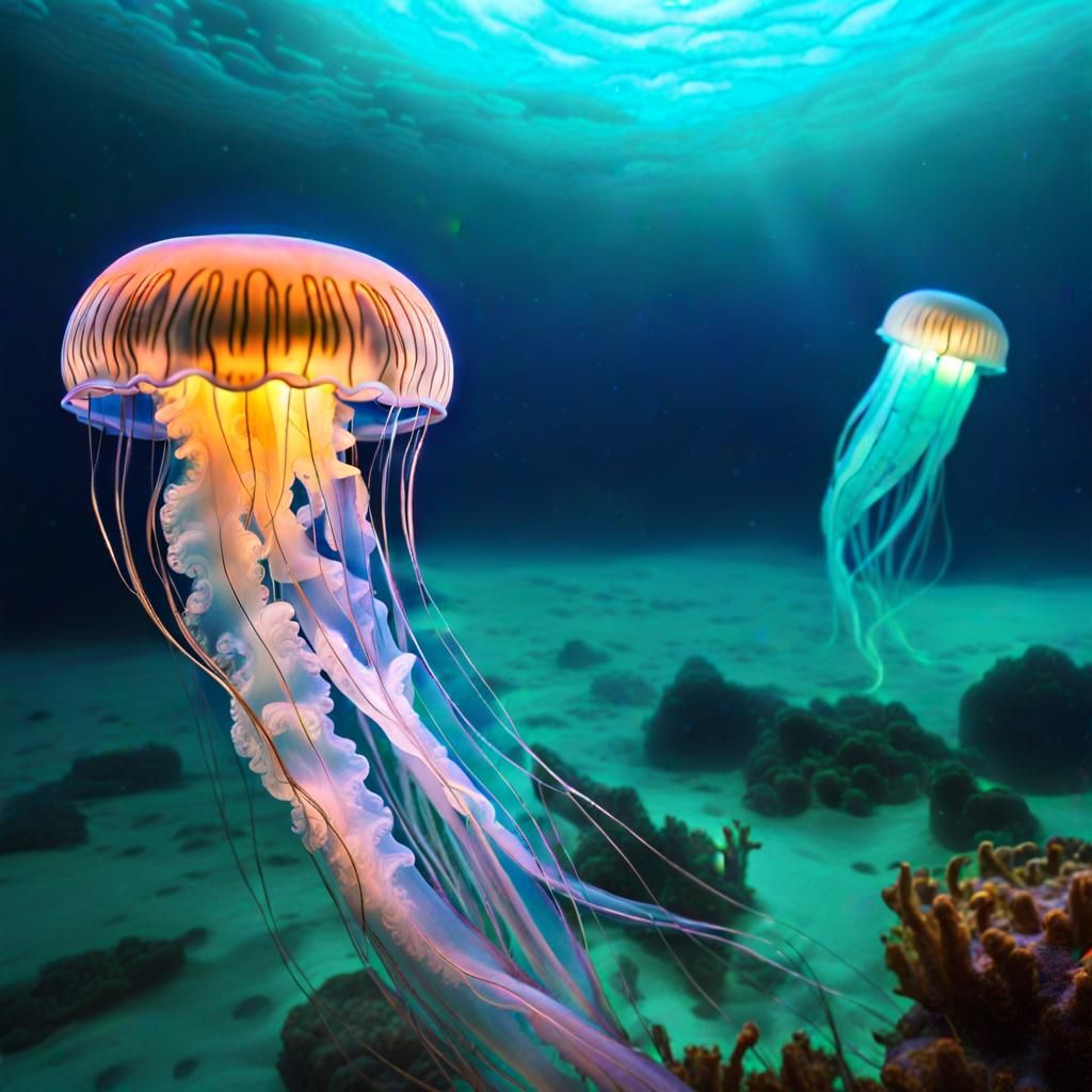 Bioluminescent Jellyfish in Ocean, Photorealistic Close-Up