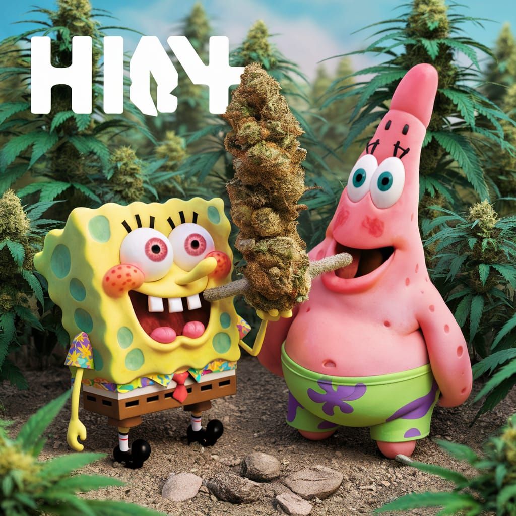 Spongebob and Patrick Smoking Weed in Marijuana Field