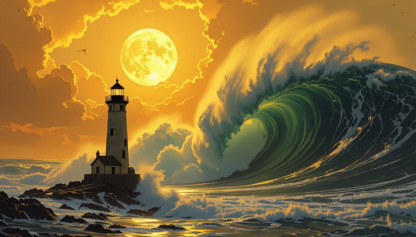 Lighthouse Braving Colossal Wave Under Full Moon Sky