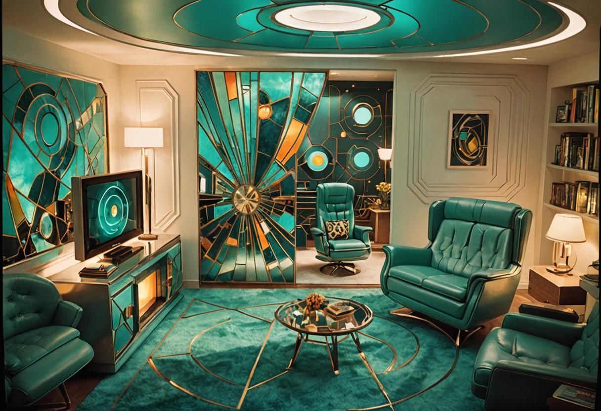 Retro-Futuristic Living Room with Teal Chrome Palette