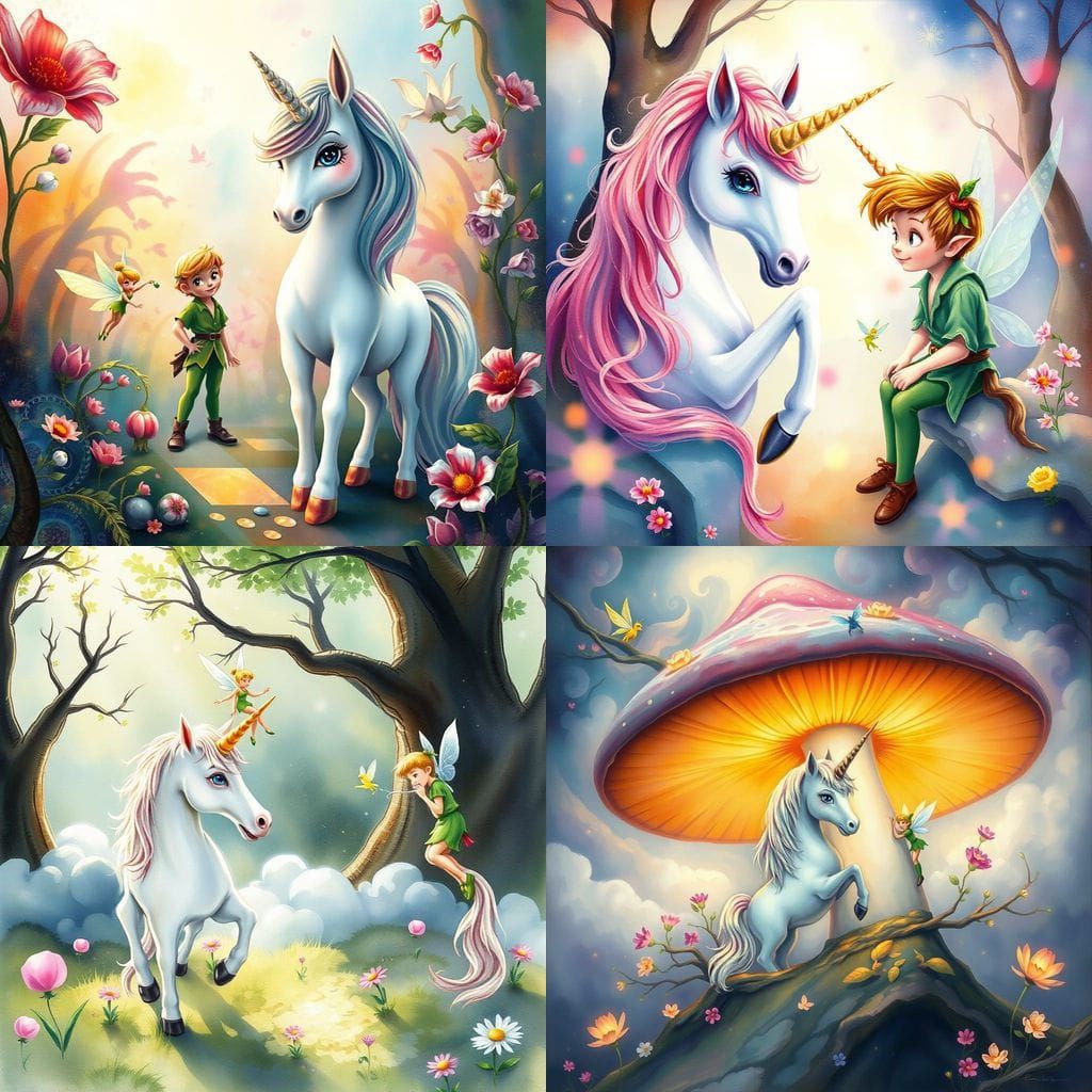 Unicorn, Peter Pan & Tinkerbell in Whimsical Surreal World