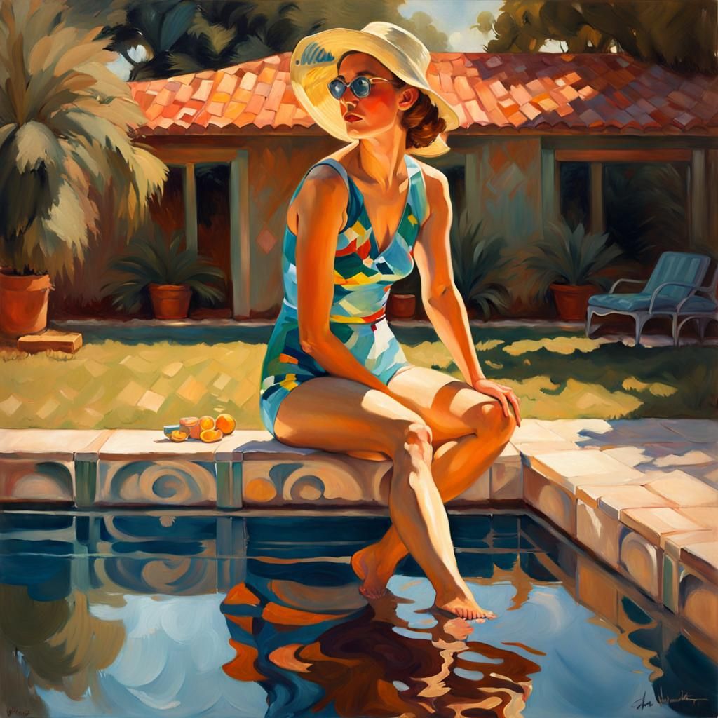 Woman by Pool, Impressionistic Oil Painting