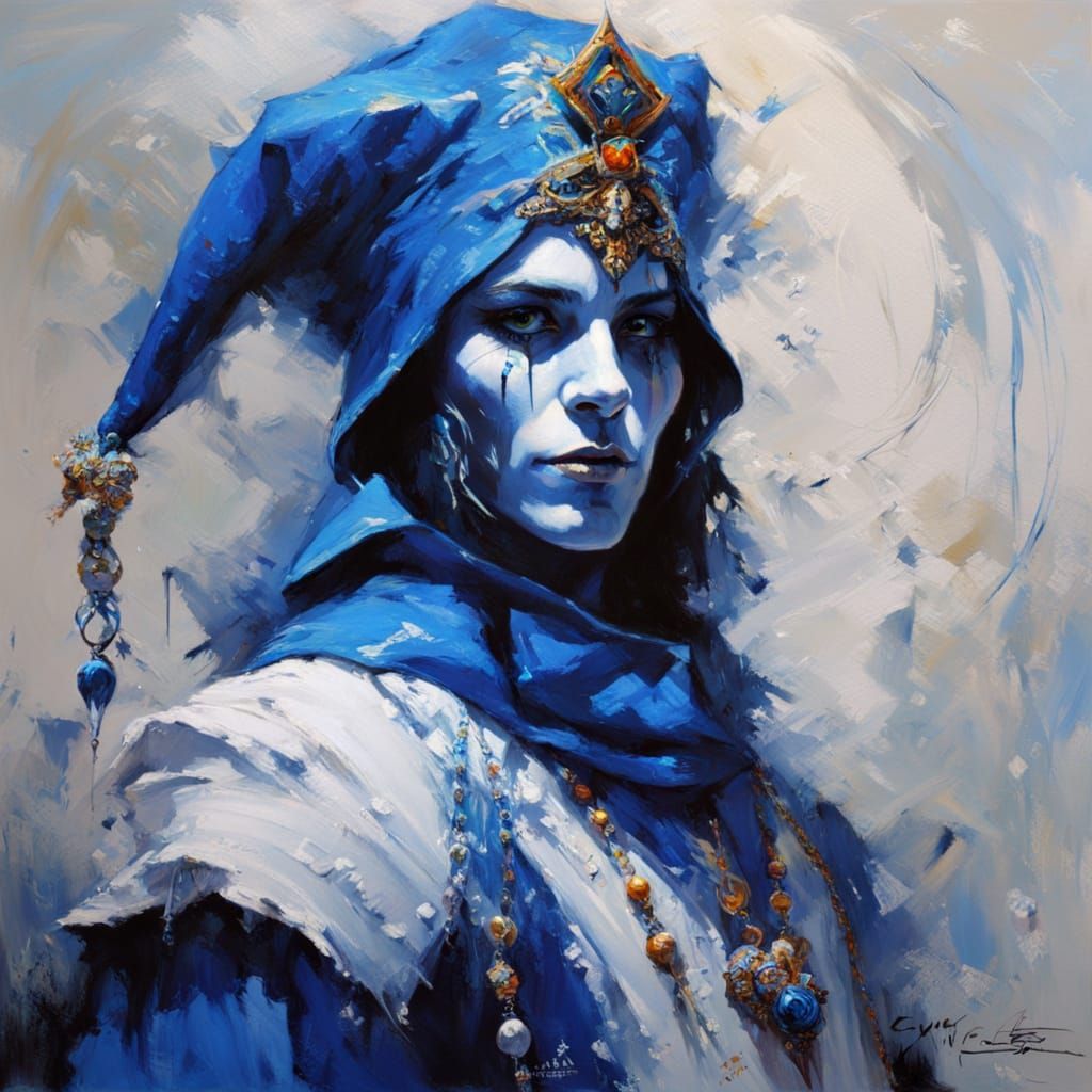 Medieval Jester in Vibrant Blue and White