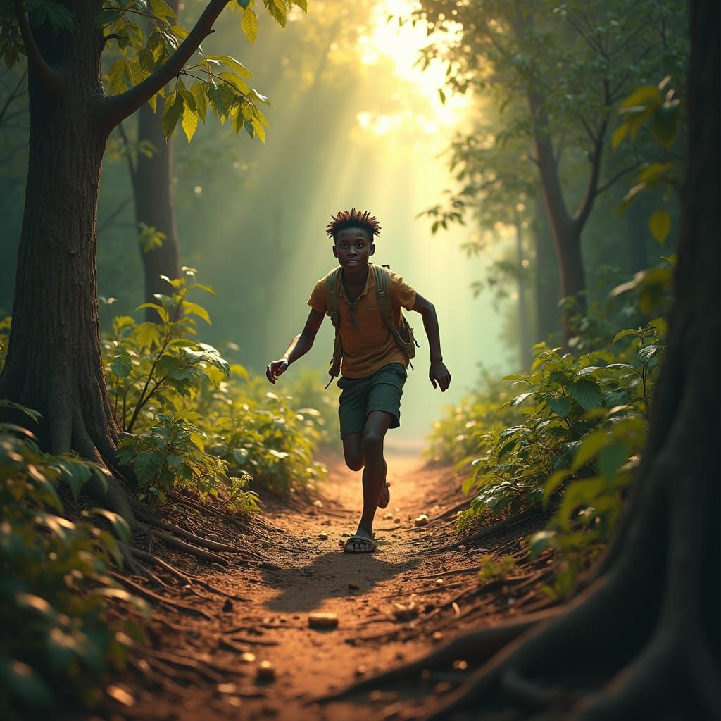Boy's Desperate Run Through Nigerian Forest: Matte Painting
