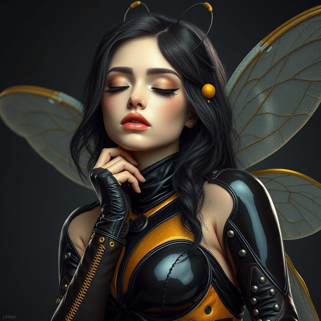 Woman in Bumble Bee Outfit, Hyperrealistic Style
