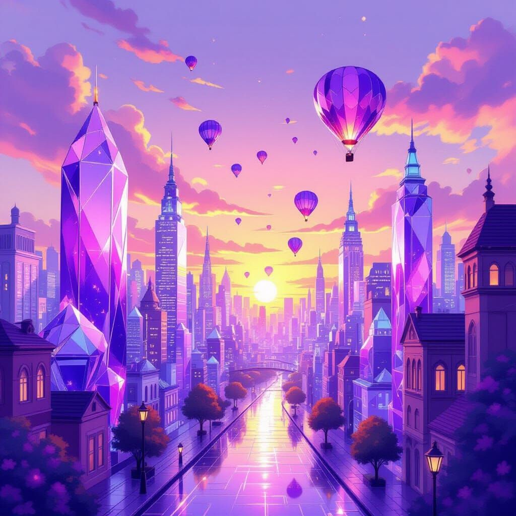Violet Glass Cityscape with Crystal Buildings