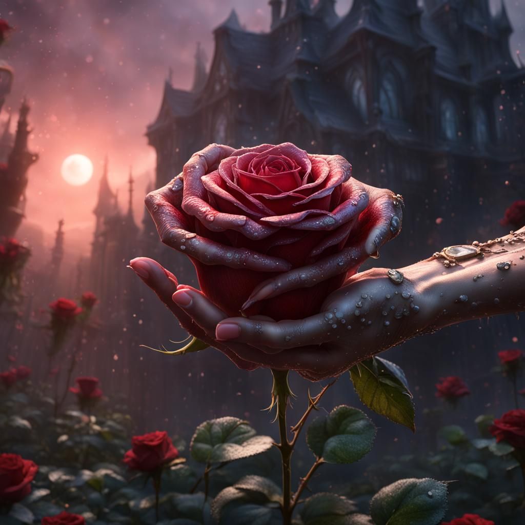 Hand Holding Rose with Morning Dew in Detailed Matte Paintin...