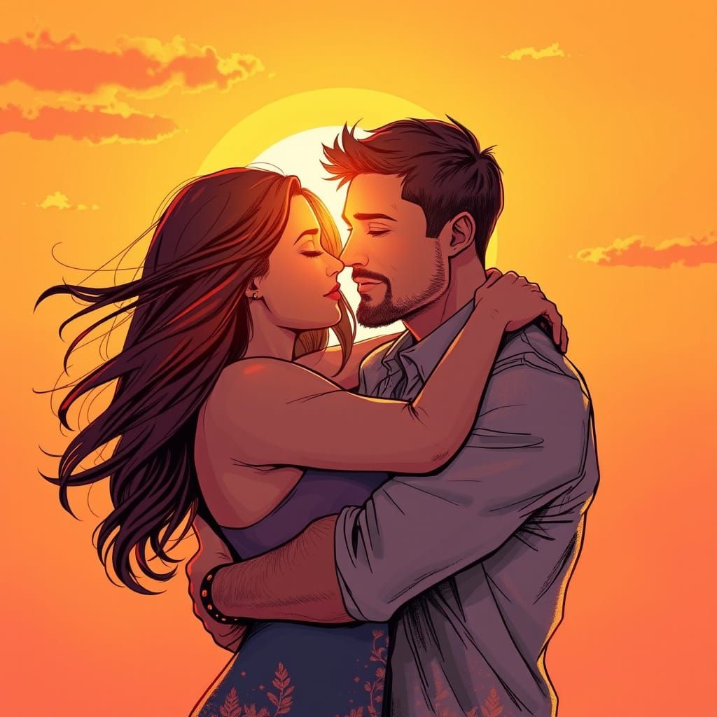 Couple Embracing in Warm Sunset Glow