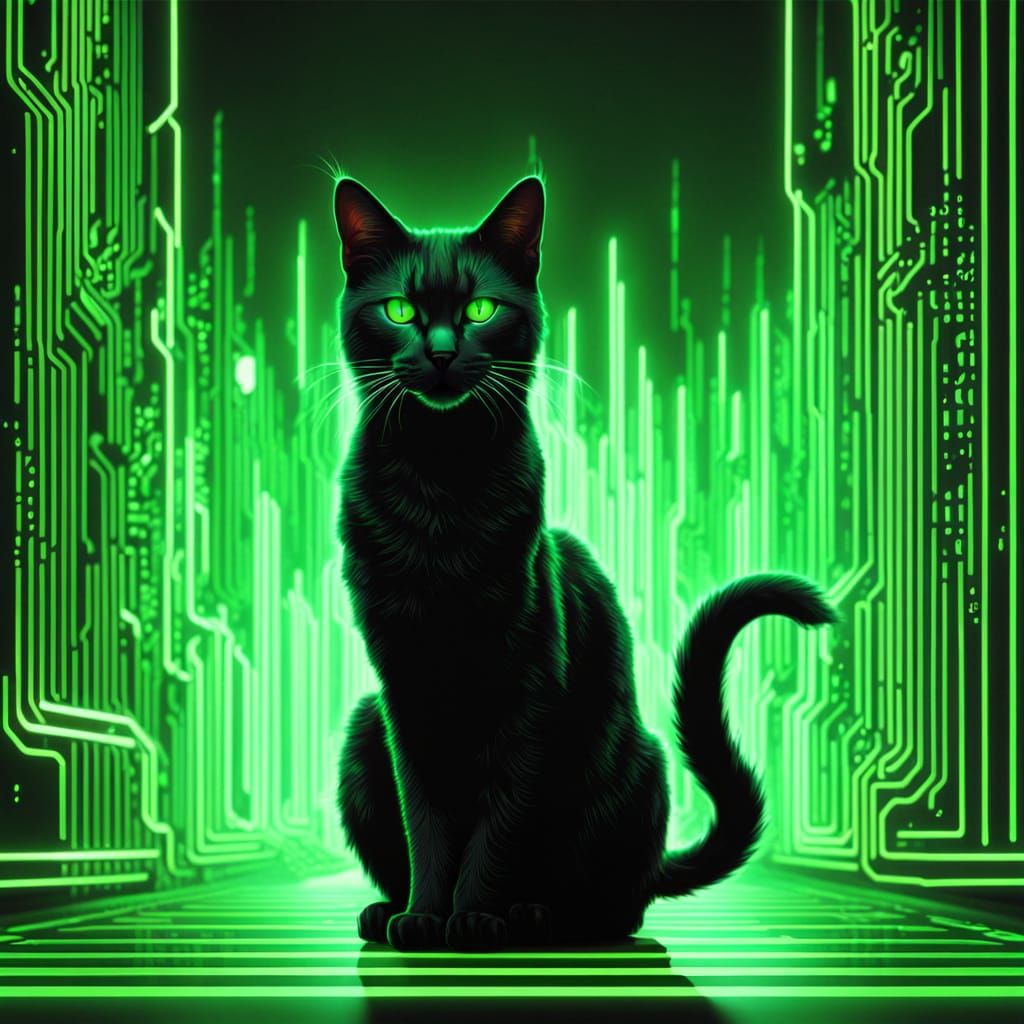 Cyberpunk Cat Composed of Glowing Green Code